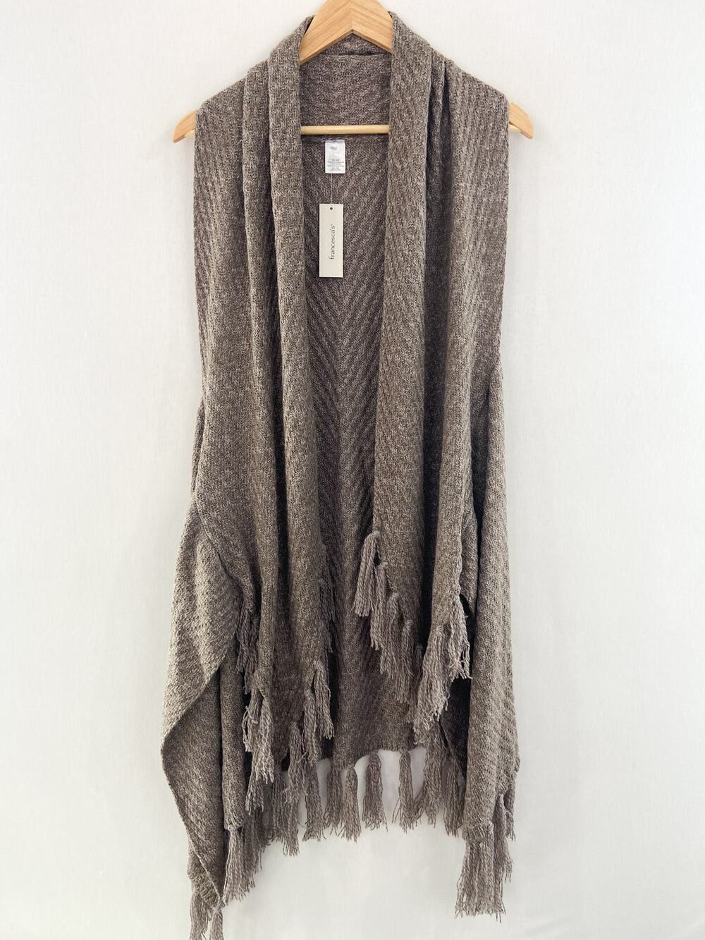 NEW Francesca's Boho Taupe Ribbed Knit Fringe Cardigan Sweater Vest One Size